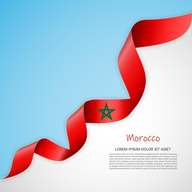 Banner vectorial en colores blanco y azul y cinta ondeante con bandera de Marruecos para folletos, logotipos