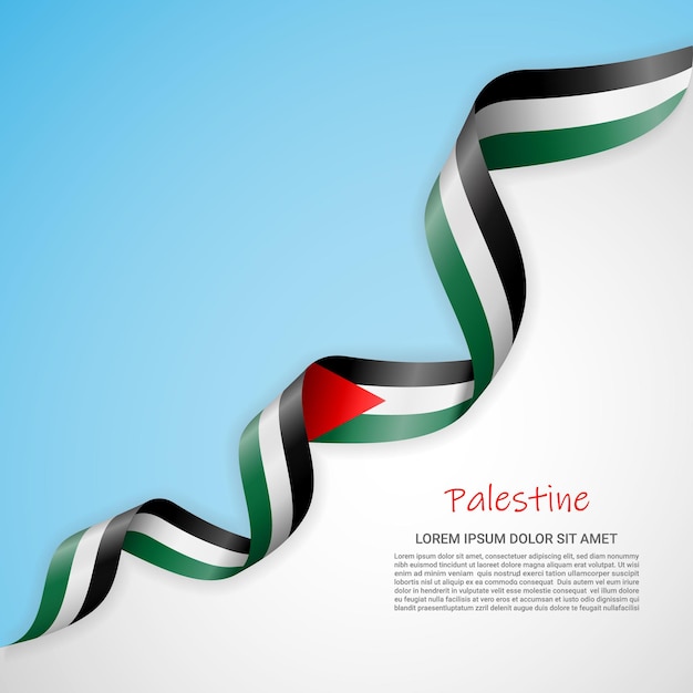 Banner vectorial en colores blanco y azul y cinta ondeante con bandera de palestina para folletos, logotipo