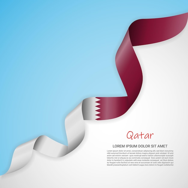 Banner vectorial en colores blanco y azul y cinta ondeante con bandera de qatar para folletos, logotipos