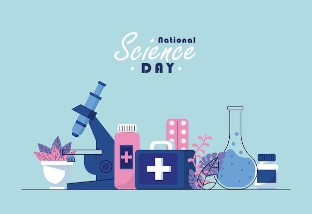 Banner vectorial del día nacional de la ciencia, ilustración médica de celebración