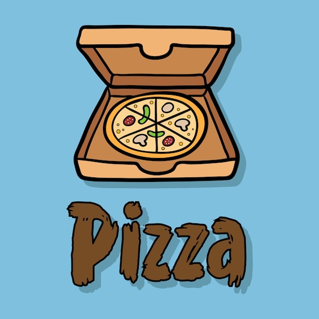 Banner vectorial en un estilo de pizza plana en un cuadro con sombra de texto sobre un fondo azul