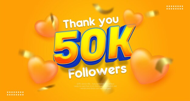 Banner vectorial gracias 50k seguidores con texto editable estilo 3d 3