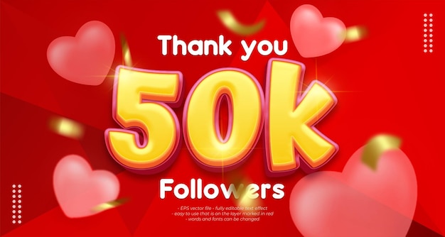 Banner vectorial gracias 50k seguidores con texto editable estilo 3d 4