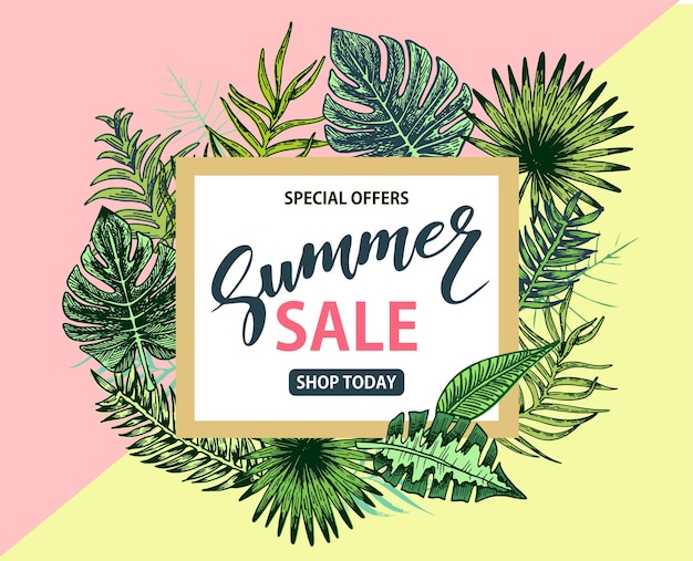 Banner vectorial con marco rectangular de hojas tropicales Texto Venta de verano Cartel de descuento moderno