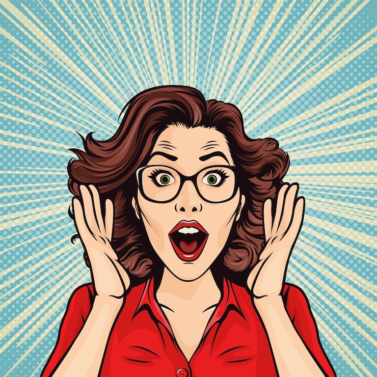 Vector banner vectorial con mujer wow face sosteniendo las manos las palmas de los brazos cerca de sus mejillas en estilo pop art cómic cartel publicitario para la venta descuento cartel volante tarjeta mujer hermosa sorprendida