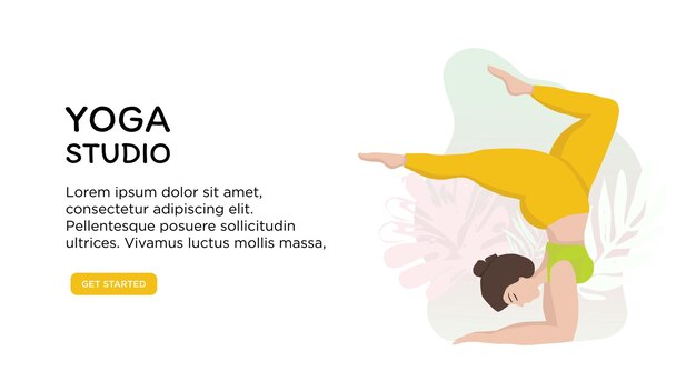 Banner vectorial o plantilla de pantalla para el sitio web de la escuela o estudio de yoga con una mujer asiática de talla grande en posiciones de yoga. Concepto positivo del cuerpo de deportes y salud. Banner brillante con práctica de yoga.