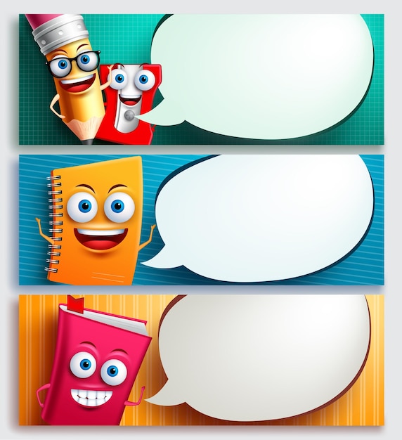 Vector banner vectorial de personajes escolares con elementos educativos de burbujas de discurso y espacio vacío para texto