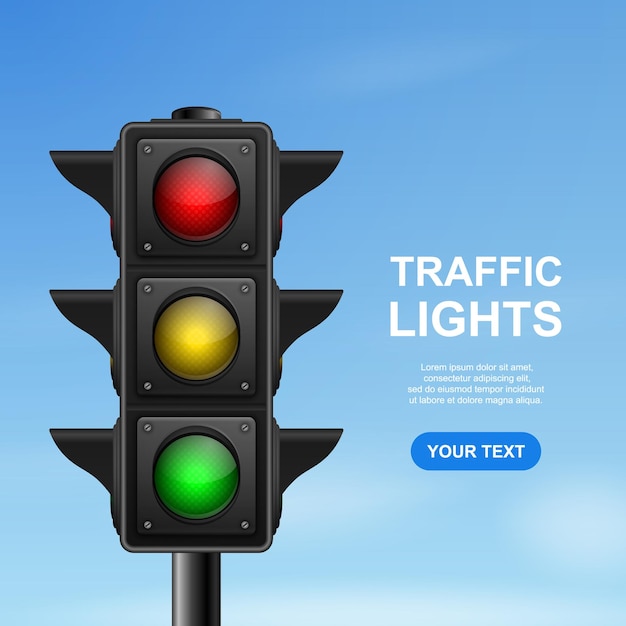 Banner vectorial con semáforos de carretera detallados realistas en 3d sobre fondo de cielo azul Reglas de seguridad Diseño de concepto Plantilla de semáforos de semáforo de Templete