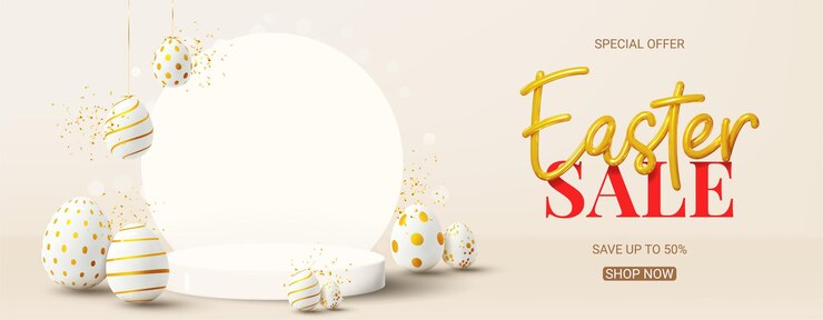 Banner vectorial para la venta de Pascua Ilustración de vacaciones vectorial con letras 3D doradas realistas confeti y huevos con patrones dorados Símbolos 3D realistas de Pascua Diseño de anuncios para carteles banderas