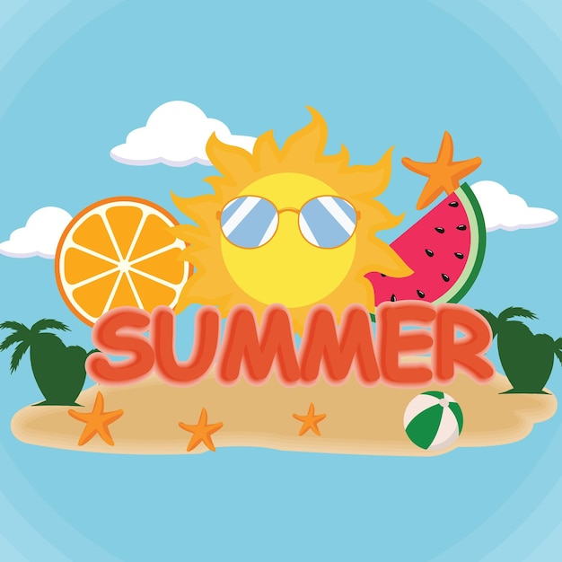 Banner vectorial de verano concepto de diseño de texto 3D en isla de playa con elementos de verano y globos en