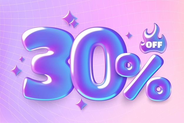 Banner de venta 3D con un 30 por ciento de descuento número holográfico en fondo de gradiente y2k