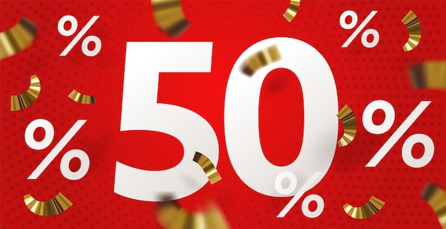 Banner de venta con 50 por ciento de descuento a mitad de precio. Plantilla de cartel de promoción realista con oferta especial. Cupón o cupón de diseño 3d con ilustración de vector de descuento comercial