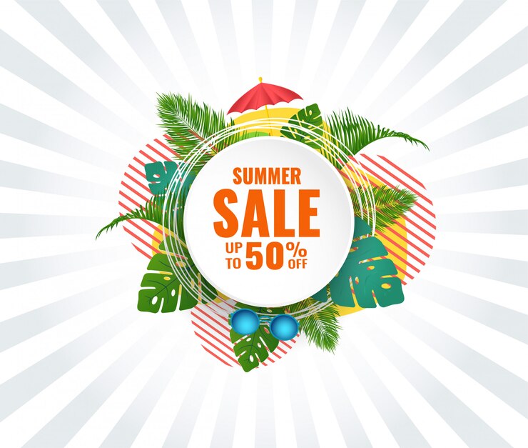 Banner de venta abstracta de verano hasta 50% de descuento. Diseño estacional.