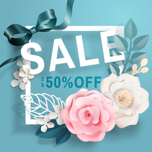 Banner de venta con adornos florales de papel y marcos en superficie azul en estilo 3D