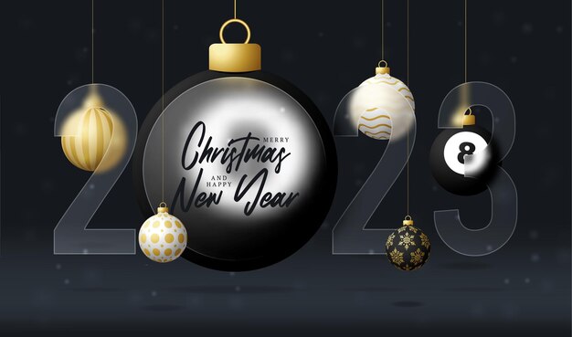 Banner de venta de año nuevo de billar 2023 o tarjeta de felicitación feliz año nuevo y feliz navidad banner deportivo con efecto de desenfoque de morfismo de vidrio o morfismo de vidrio ilustración vectorial realista