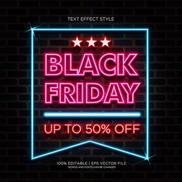 Banner de venta de Black Friday hasta 50% con efectos de texto de neón