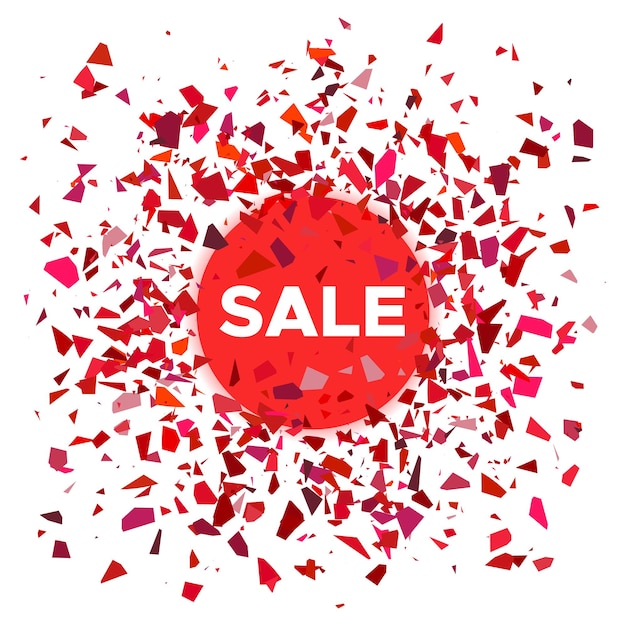 Banner de venta. Bola roja con la venta de inscripción y fragmentos de dispersión. Ilustración vectorial