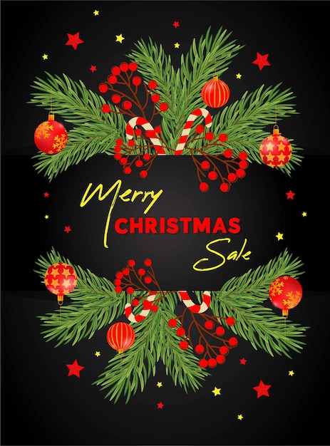 Banner de venta con bolas de Navidad en colores rojo y dorado y árbol de Navidad