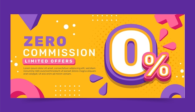 Vector banner de venta de comisión cero de diseño plano