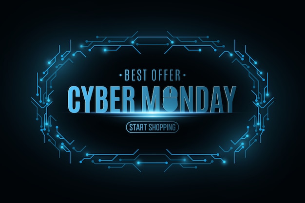 Banner de venta Cyber Monday. Marco de placa de circuito electrónico.