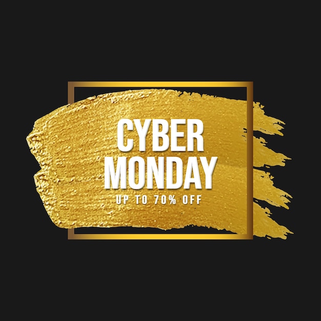 Banner de venta de cyber monday con trazo de pincel dorado y marco dorado
