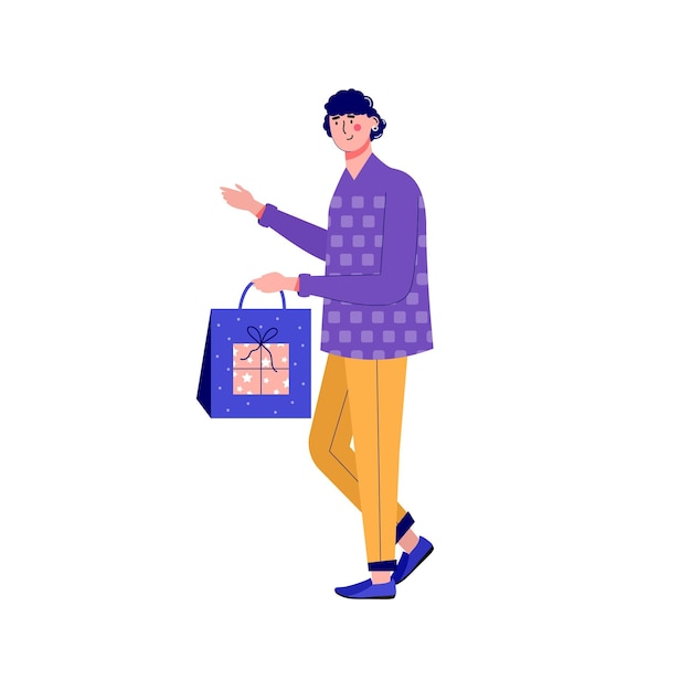 Banner de venta de descuento de temporada con hombres con bolsa de compras. Promoción del programa de fidelización de la tienda online, bonificación, recompensa, tarjeta de descuento, cupón o vale. Vector plano moderno para publicidad.
