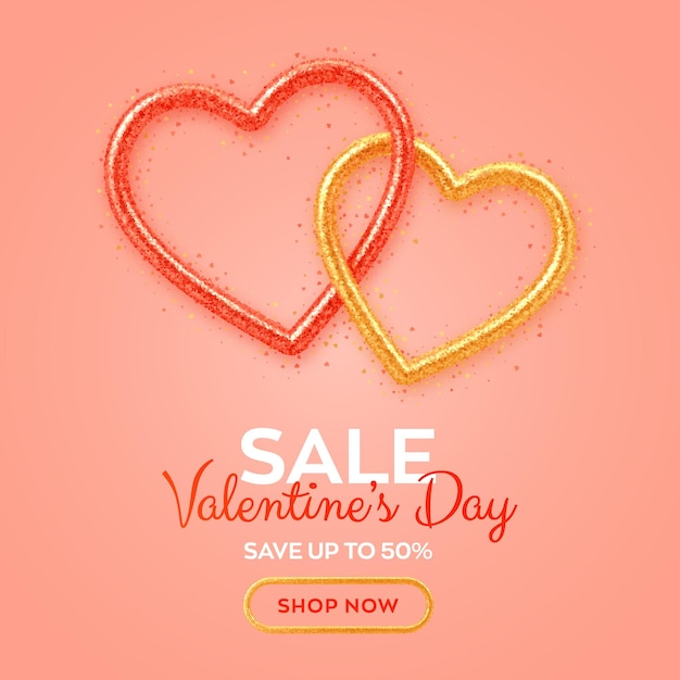Banner de venta del día de San Valentín con brillantes corazones 3d rojos y dorados realistas con textura brillante y confeti en forma de corazón.