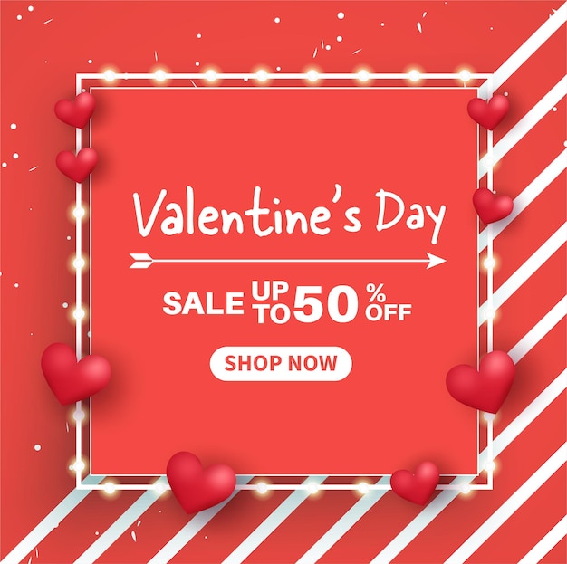 Banner de venta de día de san valentín. venta hasta 50%.