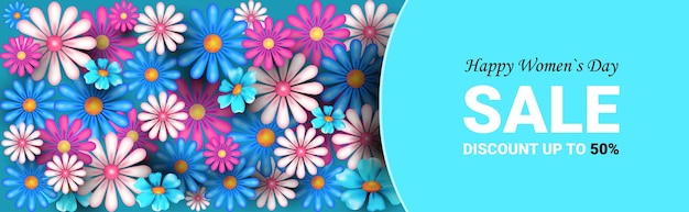 Vector banner de venta de feliz día de la mujer con flores