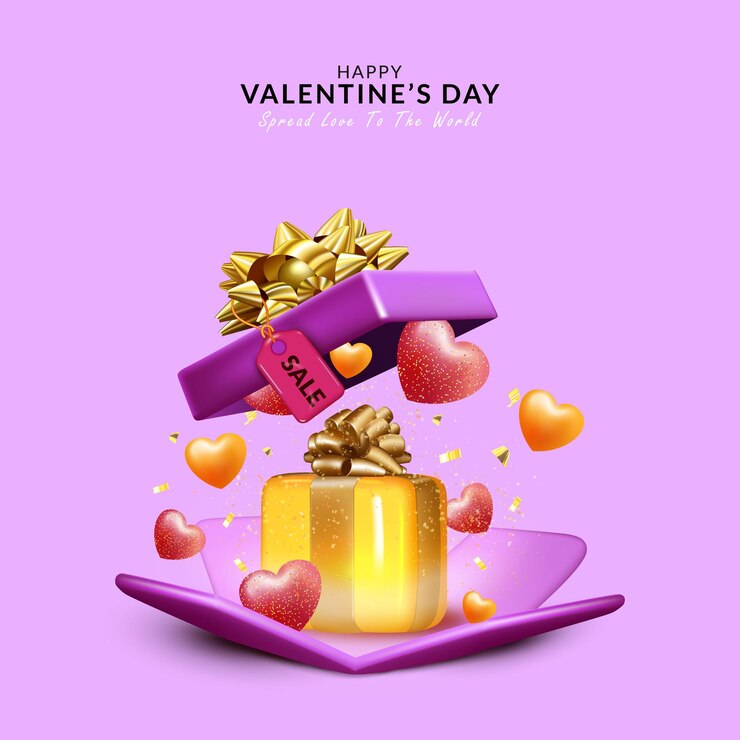 Banner de venta de feliz día de san valentín, con caja de regalo abierta realista
