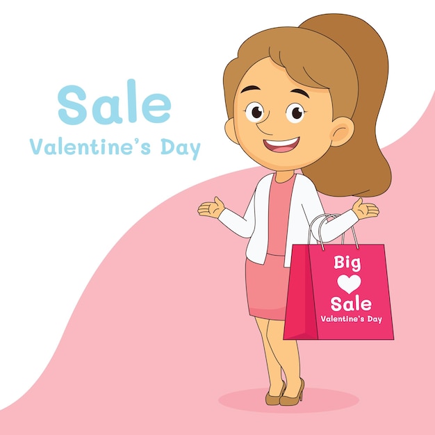 Banner de venta de feliz día de san valentín con mujer de compras