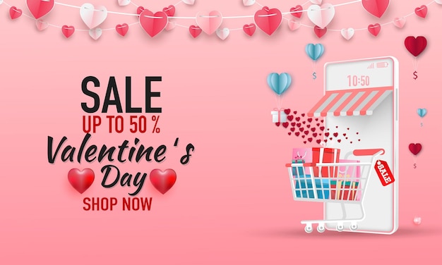 Banner de venta de feliz día de San Valentín. Tienda de compras online con móvil