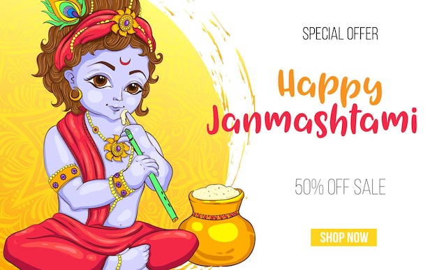 Banner de venta feliz janmashtami. ilustración de vector de krishna. eps10