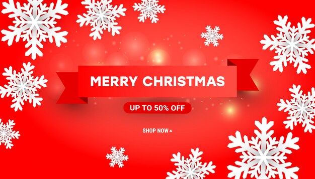 Banner de venta de feliz Navidad con copos de nieve blancos de papel cortado, cintas rojas sobre rojo