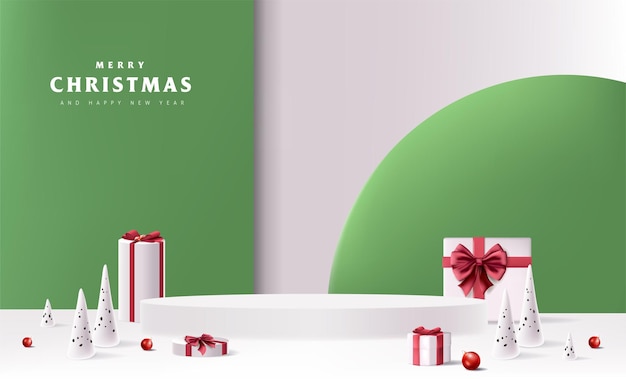 Banner de venta de feliz navidad con exhibición de productos caja de regalo de forma cilíndrica decoración de lazo rojo