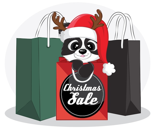 Banner de venta de feliz navidad con panda negro y bolsa de compras