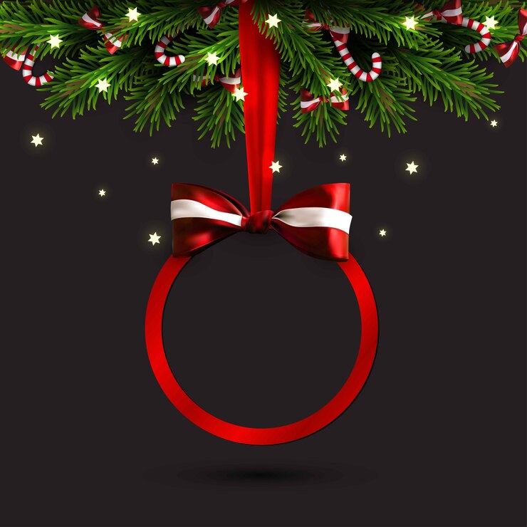 Banner de venta de feliz Navidad y próspero año nuevo. Borde del árbol de Navidad con adornos dorados, lazo rojo y cinta