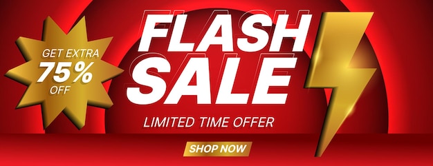 Banner de venta flash en ilustración de vector de negocio de color rojo y dorado