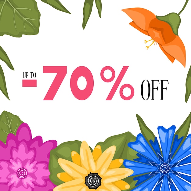Banner de venta con flores de colores y 70 por ciento de descuento puede usarse para sitios web de promociones de anuncios