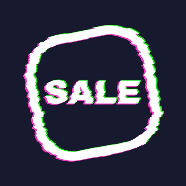 Banner de venta de glitch distorsionado con efecto de error en los bordes y en el texto. Ilustración vectorial.