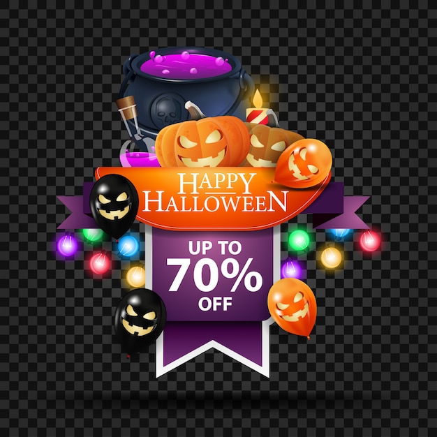 Banner de venta de halloween, banner web de descuento en forma de cinta con caldero de bruja y calabaza jack