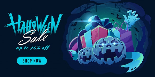 Banner de venta de Halloween con diseño de letras y pumkpin