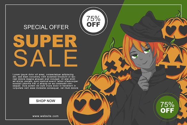 Vector banner de venta de halloween con estilo anime