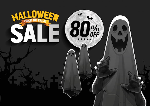 Banner de venta de Halloween con Ghost en la noche