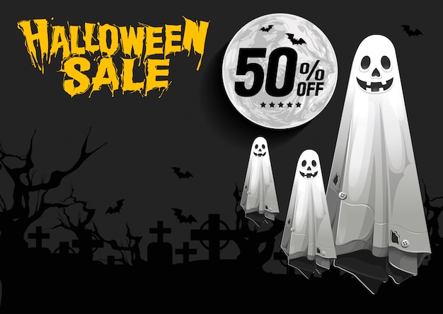 Banner de venta de Halloween con Ghost on night black