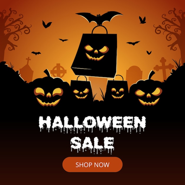 Banner de venta de halloween con silueta de murciélago y calabaza