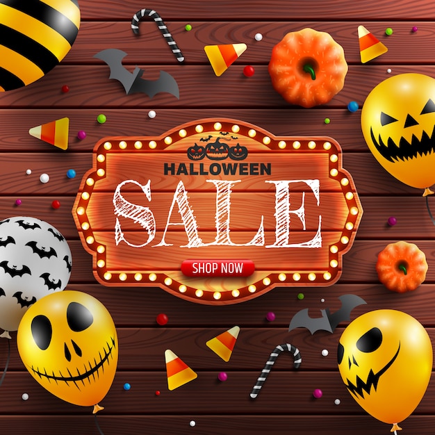 Banner de venta de Halloween con tablero de madera vintage