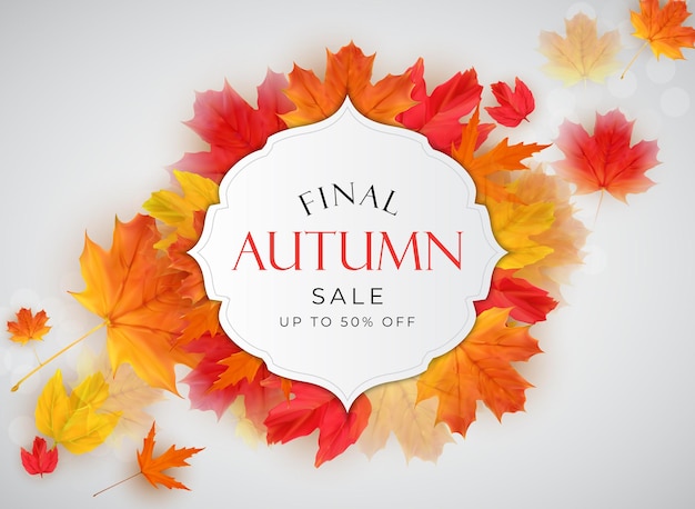 Banner de venta de hojas de otoño brillante. Tarjeta de descuento comercial. Ilustración vectorial EPS10