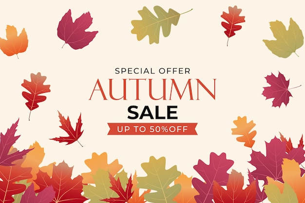Banner de venta de hojas de otoño brillante. Tarjeta de descuento comercial. Ilustración vectorial