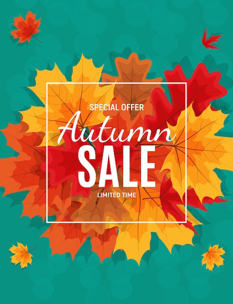 Banner de venta de hojas de otoño brillante. tarjeta de descuento comercial